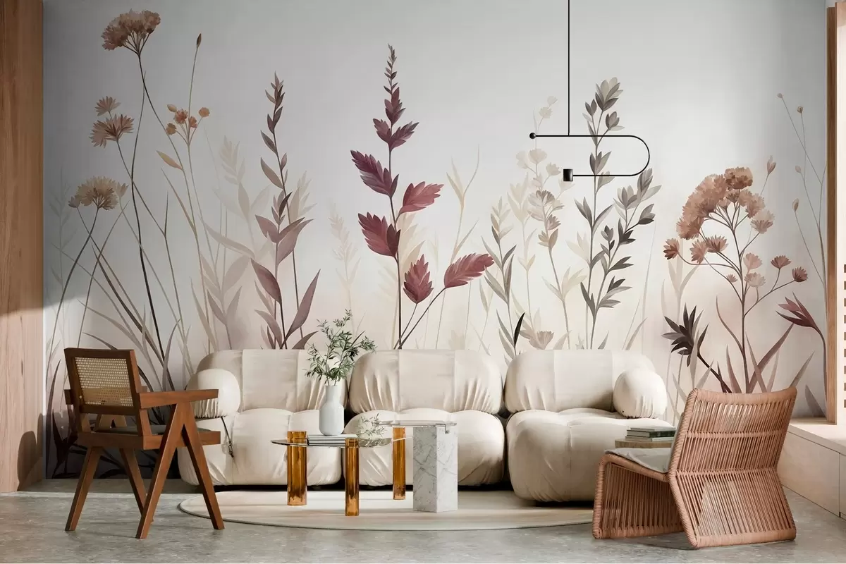 Fototapet Höga vilda gräs och vildblommor i dämpade jordfärger, minimalistisk estetik w10084