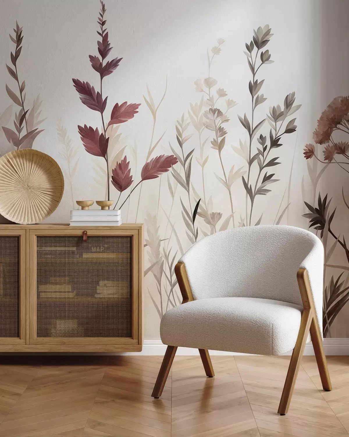 Fototapet Höga vilda gräs och vildblommor i dämpade jordfärger, minimalistisk estetik w10084