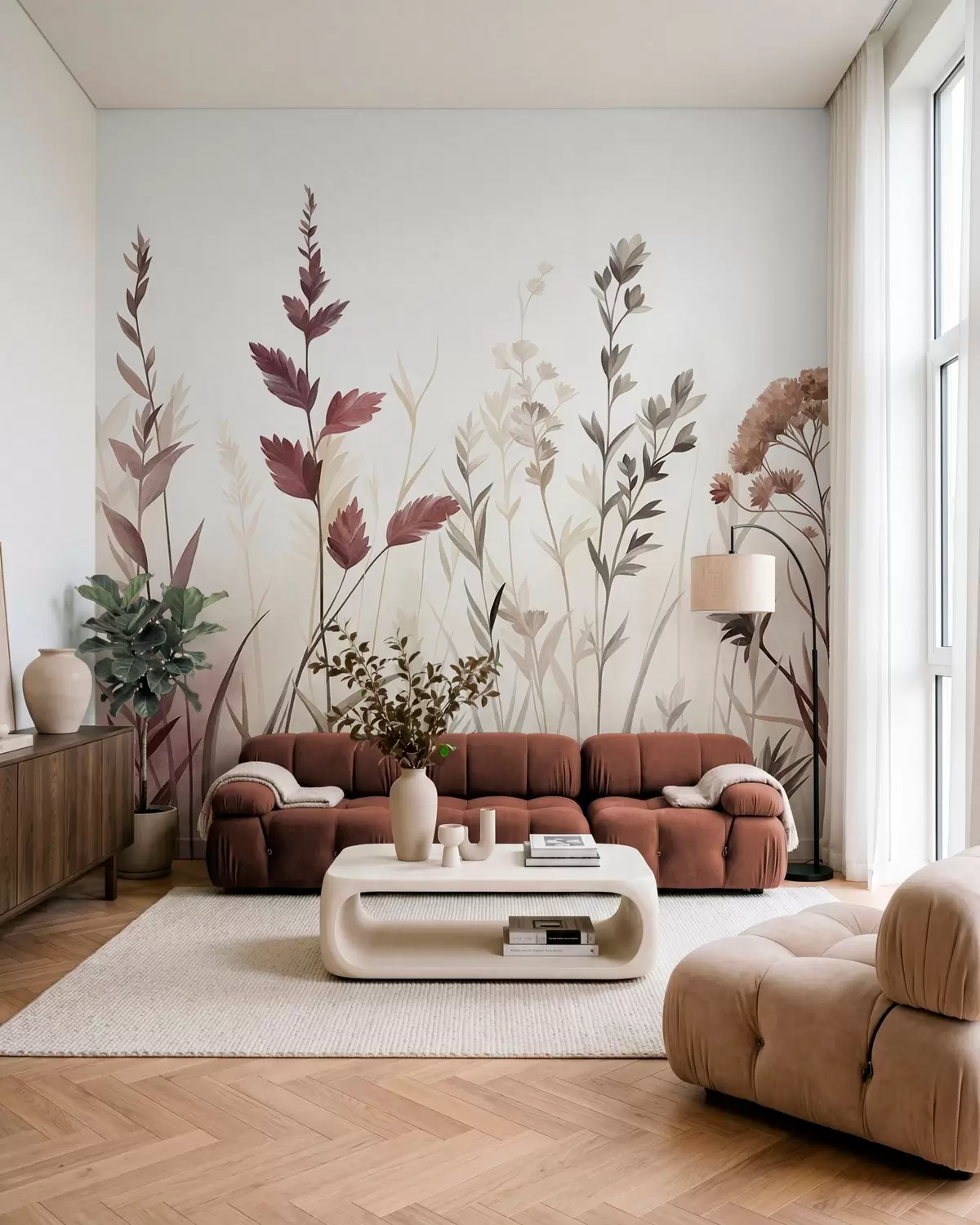 Fototapet Höga vilda gräs och vildblommor i dämpade jordfärger, minimalistisk estetik w10084