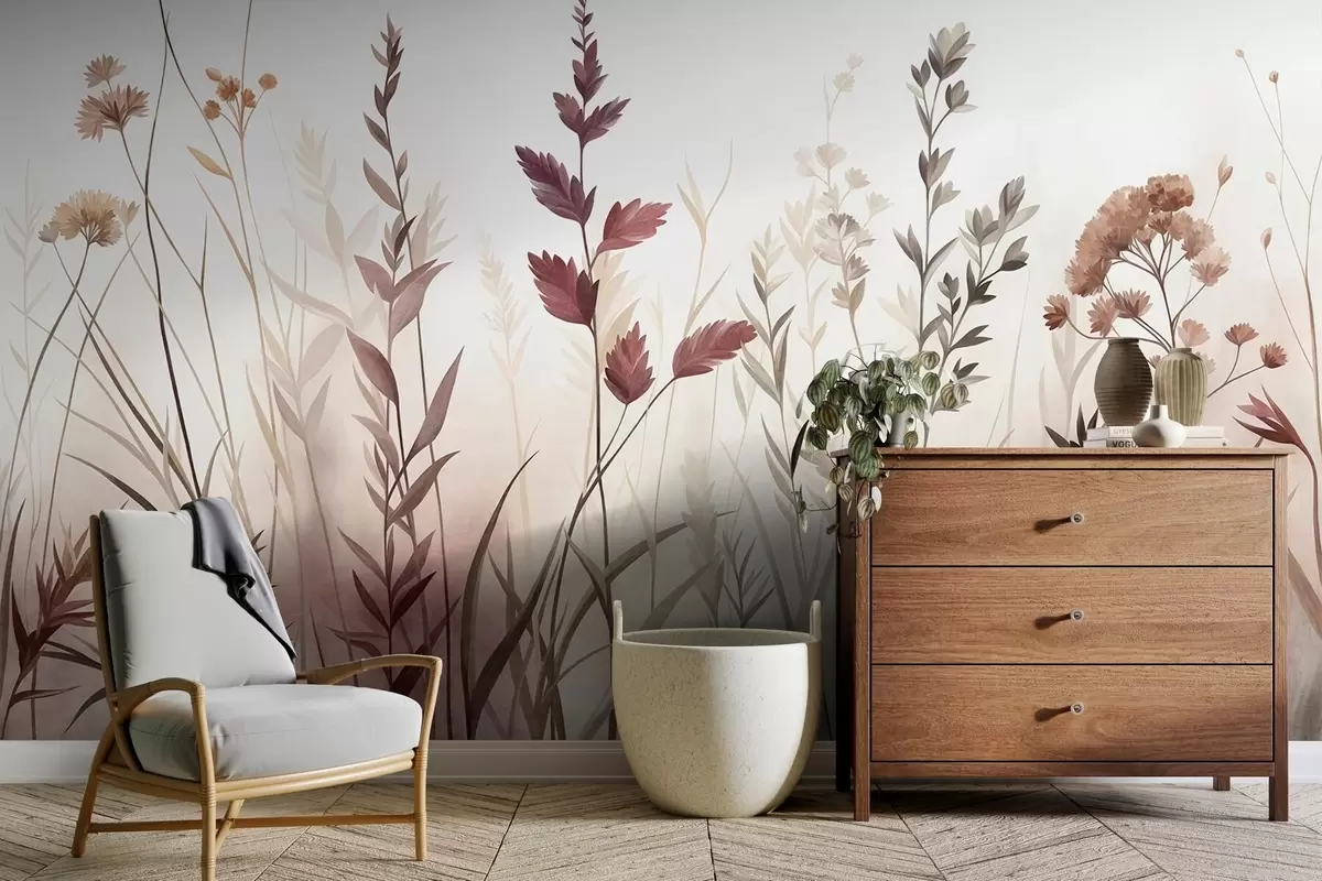 Fototapet Höga vilda gräs och vildblommor i dämpade jordfärger, minimalistisk estetik w10084