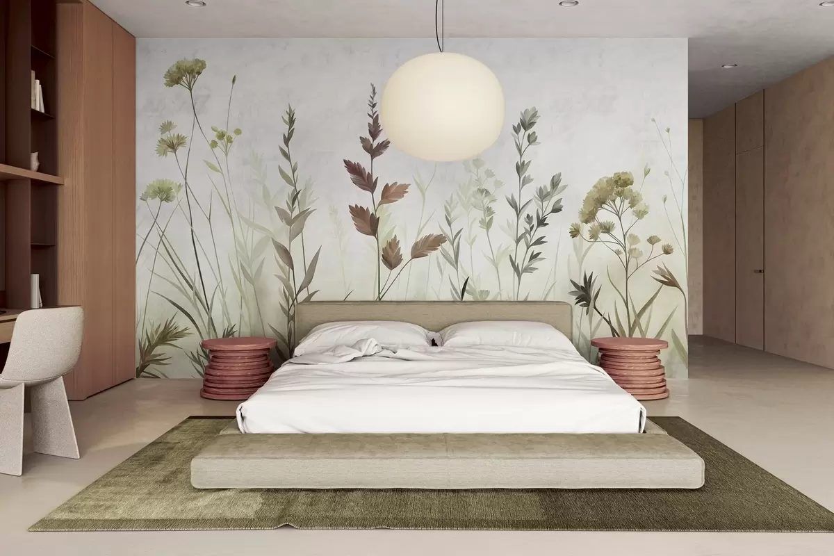 Fototapet Höga vilda gräs och vildblommor i dämpade gröna nyanser, minimalistisk estetik w10084v1