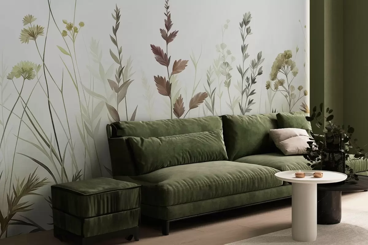 Fototapet Höga vilda gräs och vildblommor i dämpade gröna nyanser, minimalistisk estetik w10084v1
