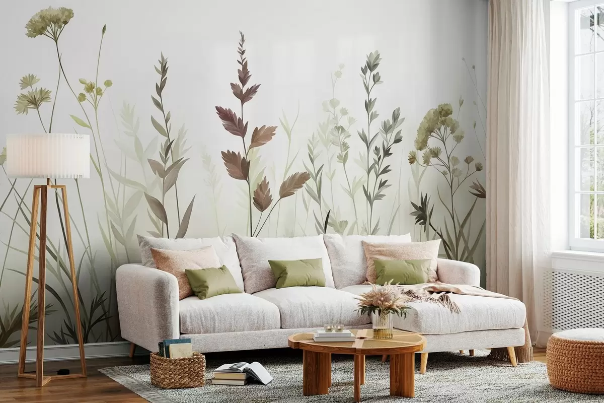 Fototapet Höga vilda gräs och vildblommor i dämpade gröna nyanser, minimalistisk estetik w10084v1