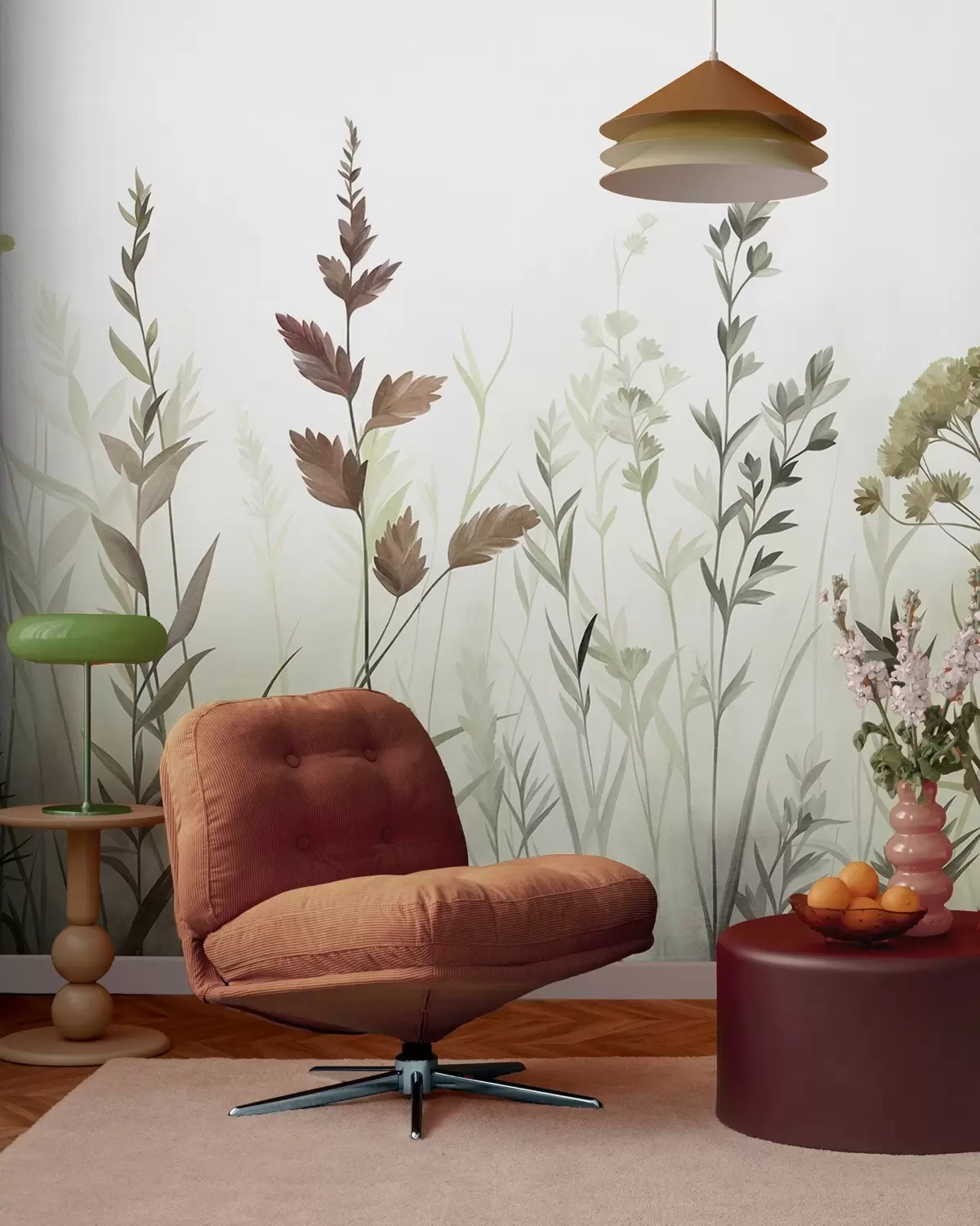 Fototapet Höga vilda gräs och vildblommor i dämpade gröna nyanser, minimalistisk estetik w10084v1