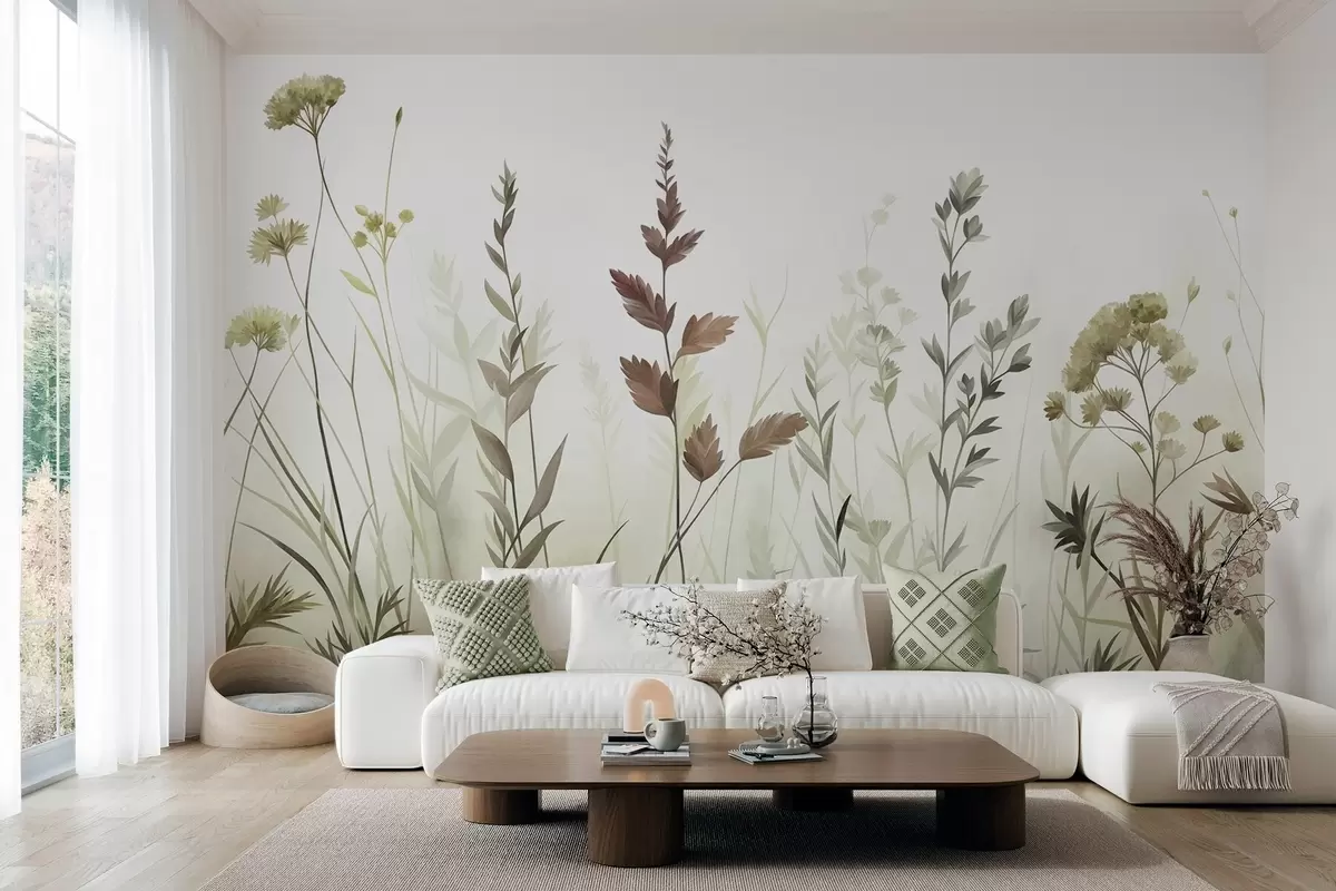 Fototapet Höga vilda gräs och vildblommor i dämpade gröna nyanser, minimalistisk estetik w10084v1