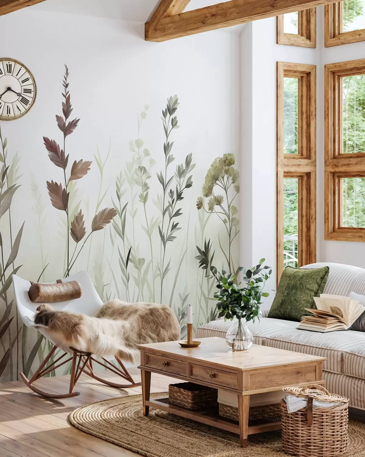 Fototapet Höga vilda gräs och vildblommor i dämpade gröna nyanser, minimalistisk estetik w10084v1