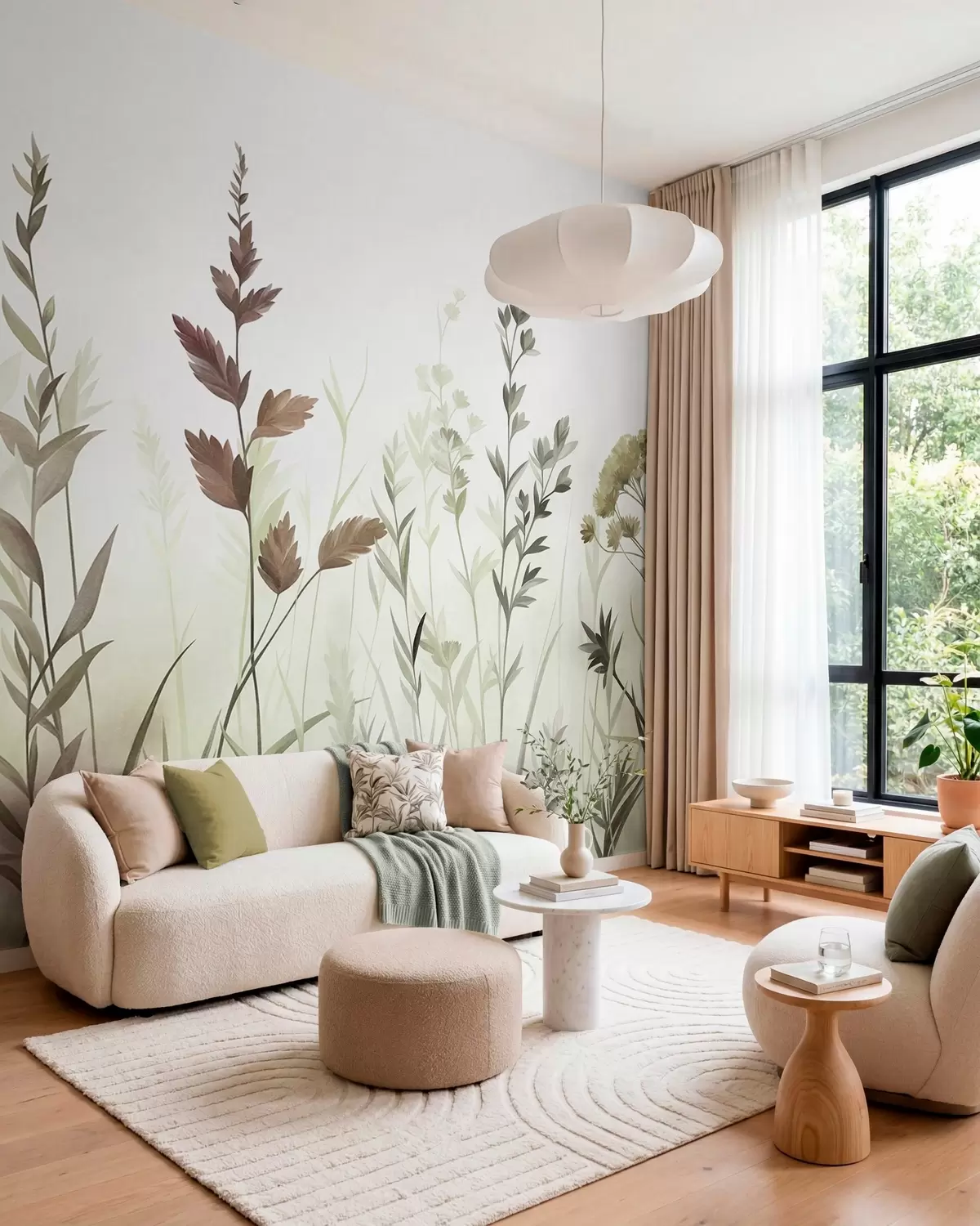Fototapet Höga vilda gräs och vildblommor i dämpade gröna nyanser, minimalistisk estetik w10084v1
