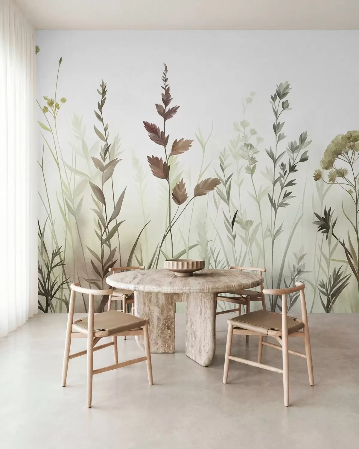 Fototapet Höga vilda gräs och vildblommor i dämpade gröna nyanser, minimalistisk estetik w10084v1