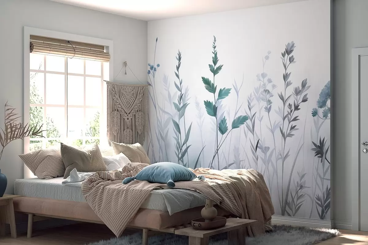 Fototapet Höga vilda gräs och vildblommor i dämpade blå nyanser, minimalistisk estetik w10084v2