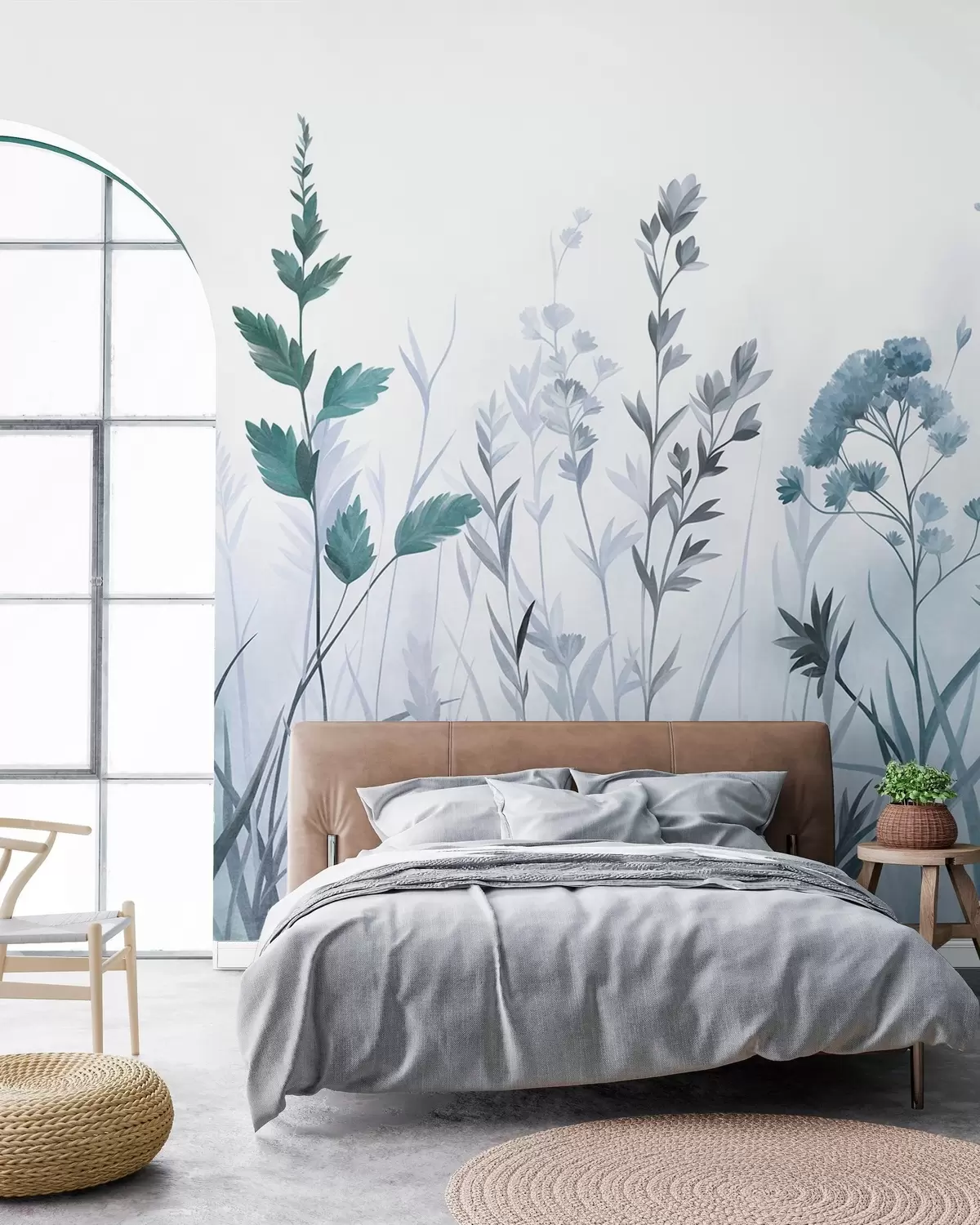 Fototapet Höga vilda gräs och vildblommor i dämpade blå nyanser, minimalistisk estetik w10084v2