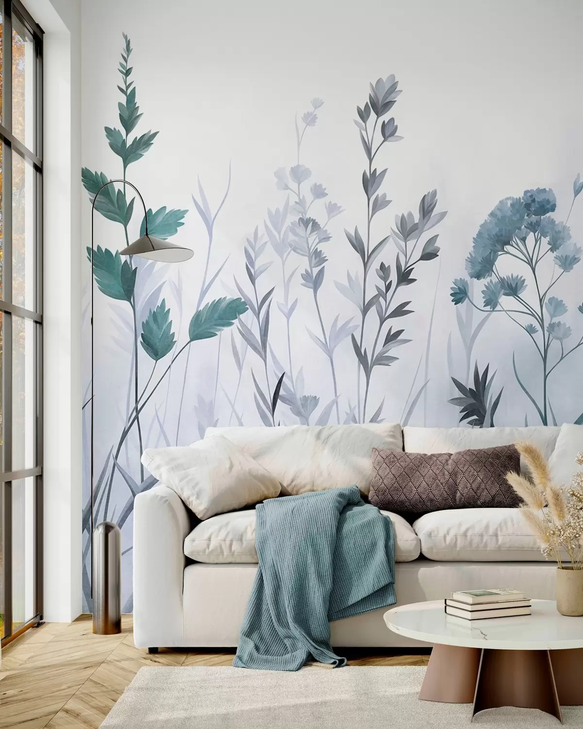 Fototapet Höga vilda gräs och vildblommor i dämpade blå nyanser, minimalistisk estetik w10084v2