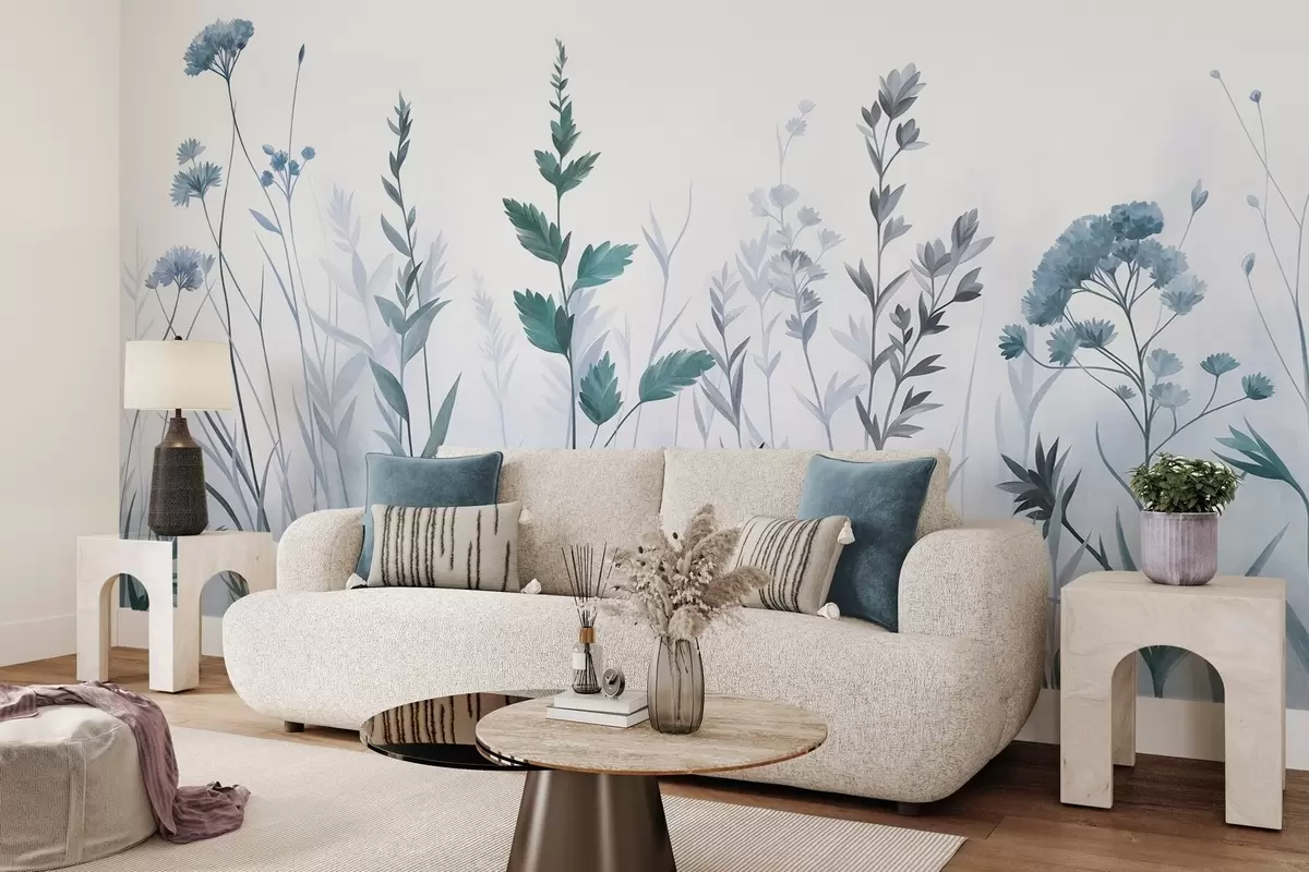 Fototapet Höga vilda gräs och vildblommor i dämpade blå nyanser, minimalistisk estetik w10084v2
