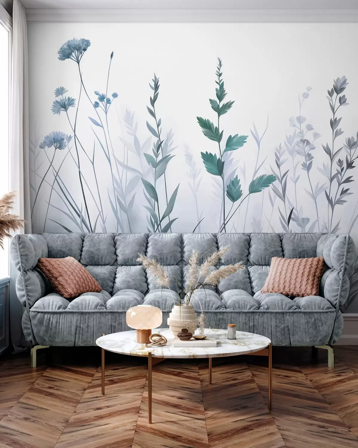 Fototapet Höga vilda gräs och vildblommor i dämpade blå nyanser, minimalistisk estetik w10084v2