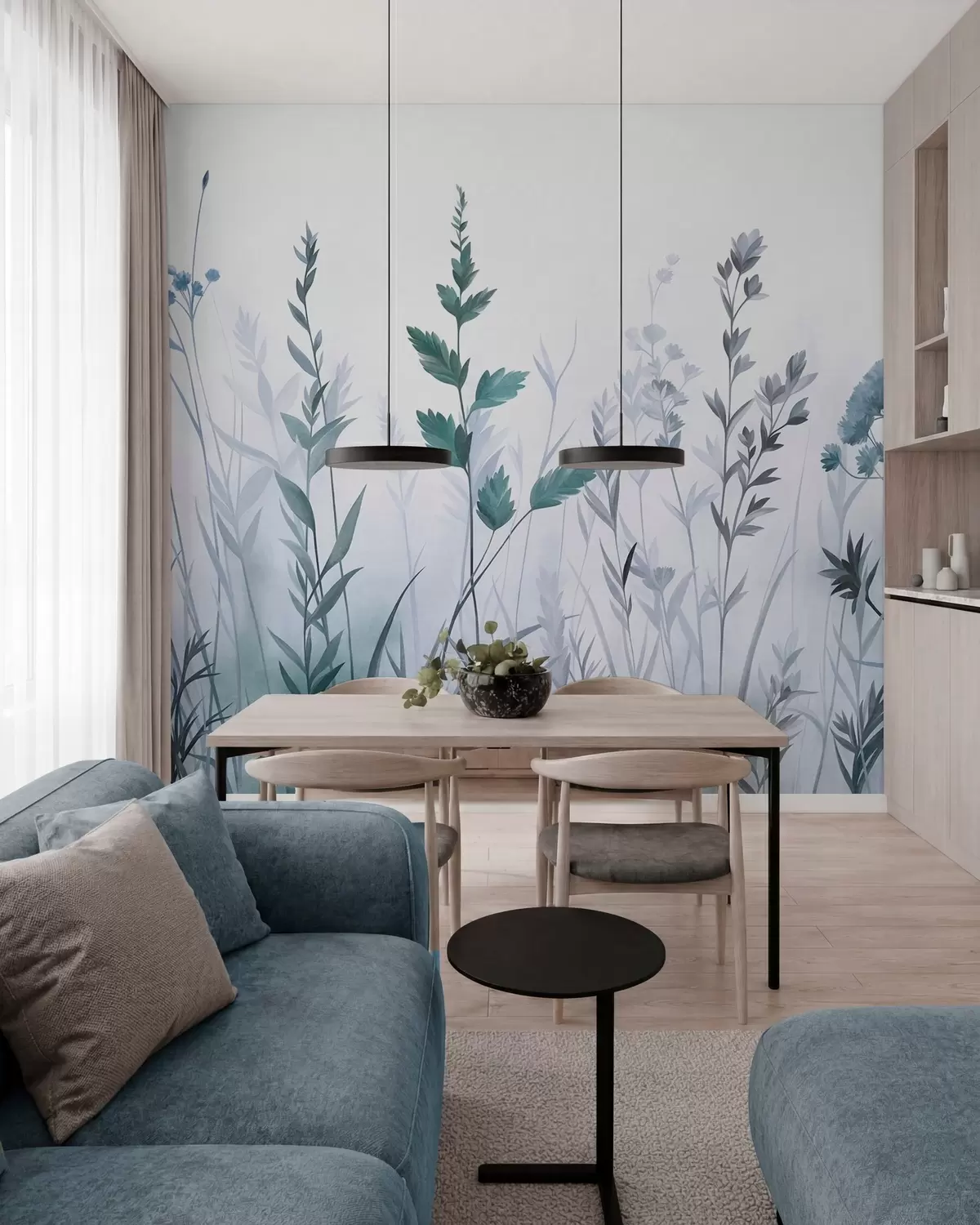 Fototapet Höga vilda gräs och vildblommor i dämpade blå nyanser, minimalistisk estetik w10084v2