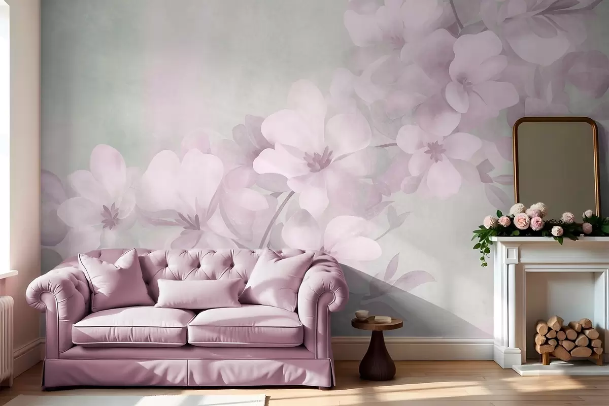Fototapet Vita blommor på en gren, mjuka pastellfärger, ljusgrön strukturerad bakgrund w10107v1