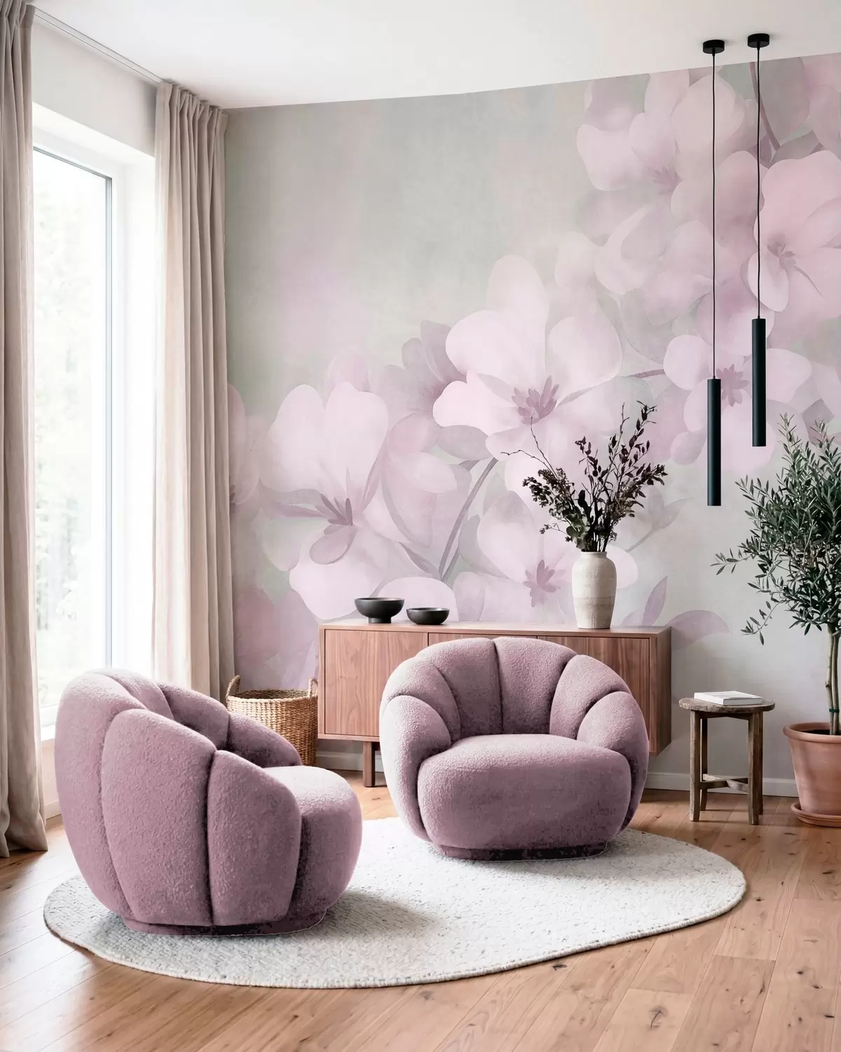 Fototapet Vita blommor på en gren, mjuka pastellfärger, ljusgrön strukturerad bakgrund w10107v1
