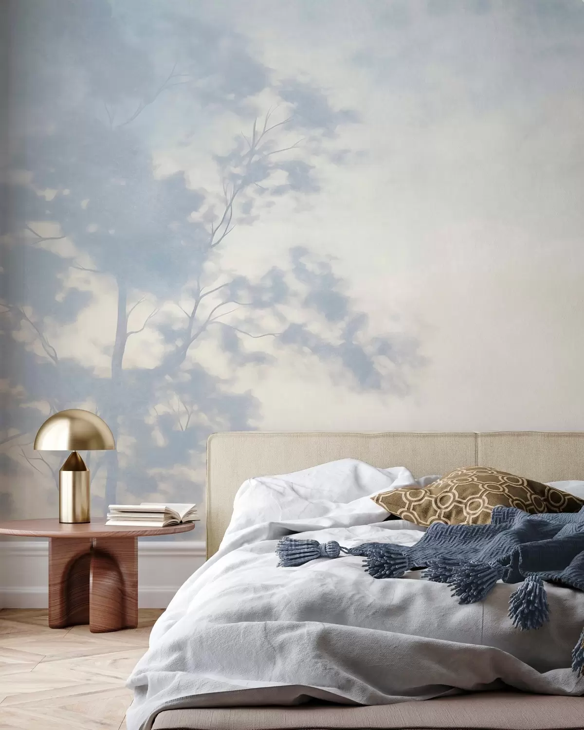 Fototapet Strukturerat träd med grenar, ljusbeige och ljusblå bakgrund, minimalistisk konst w10108