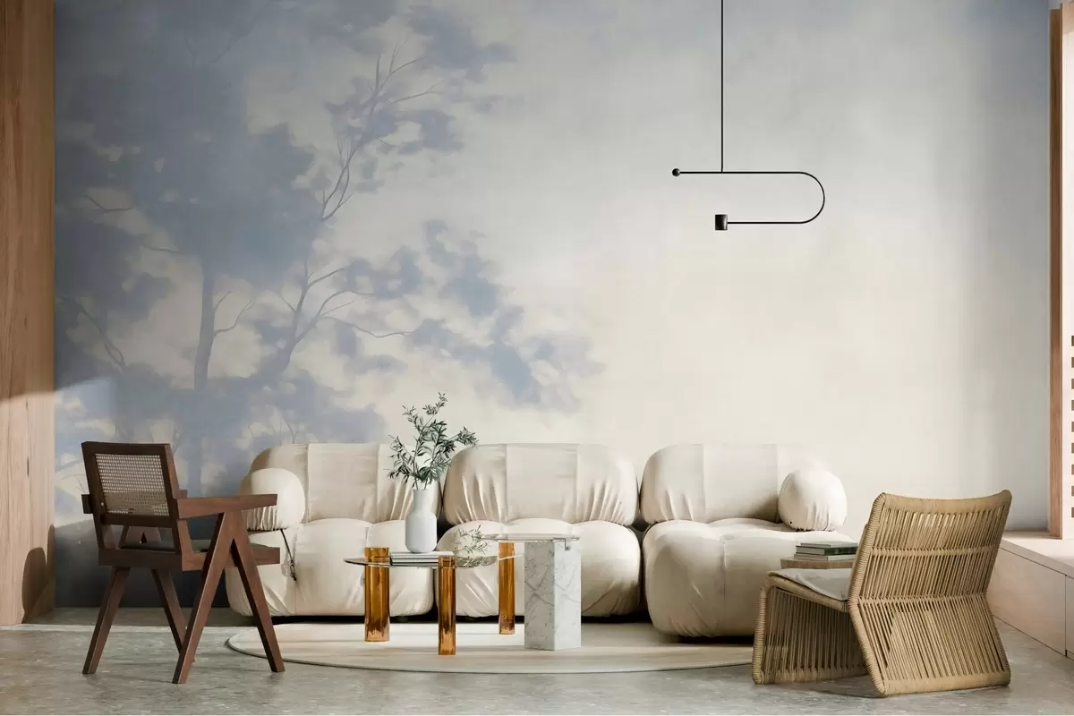 Fototapet Strukturerat träd med grenar, ljusbeige och ljusblå bakgrund, minimalistisk konst w10108
