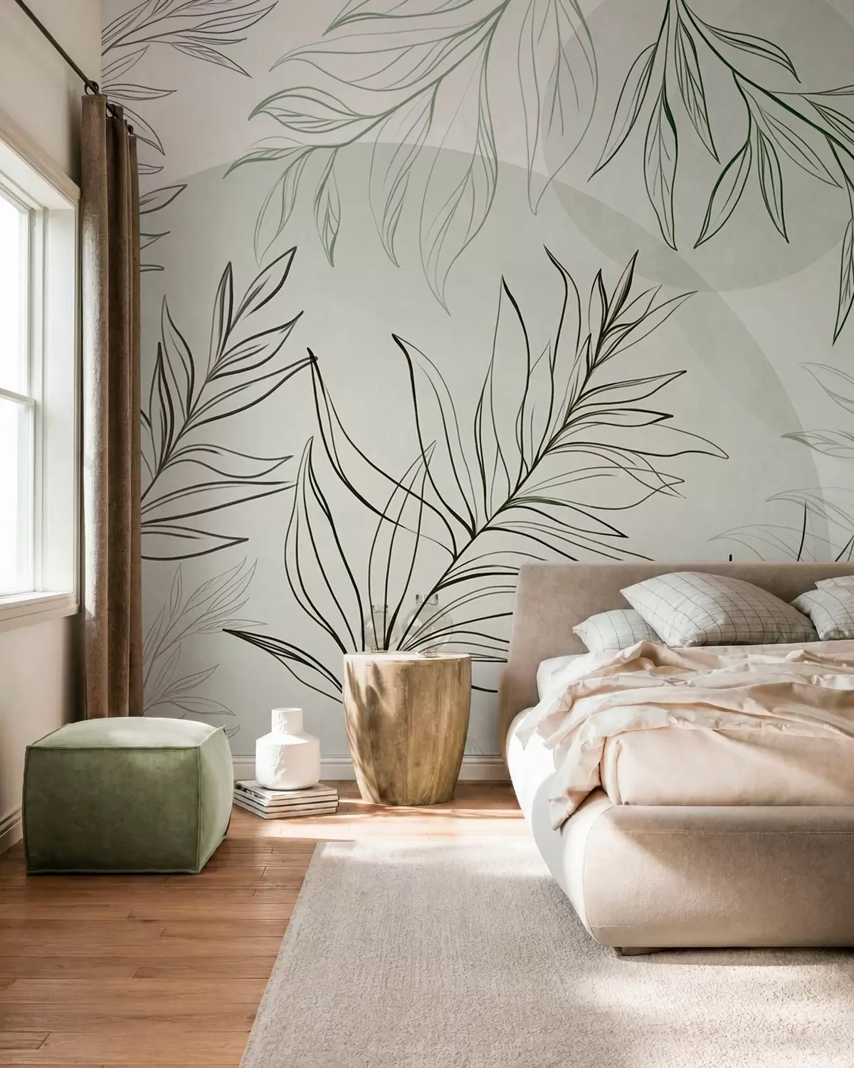 Fototapet Minimalistiska konturteckningar av tropiska blad och lövverk, cirkulära former i pastellfärger w10111v2