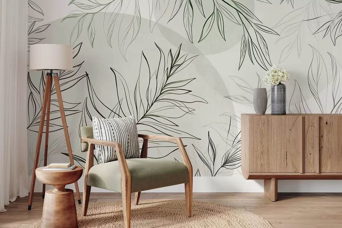 Fototapet Minimalistiska konturteckningar av tropiska blad och lövverk, cirkulära former i pastellfärger w10111v2