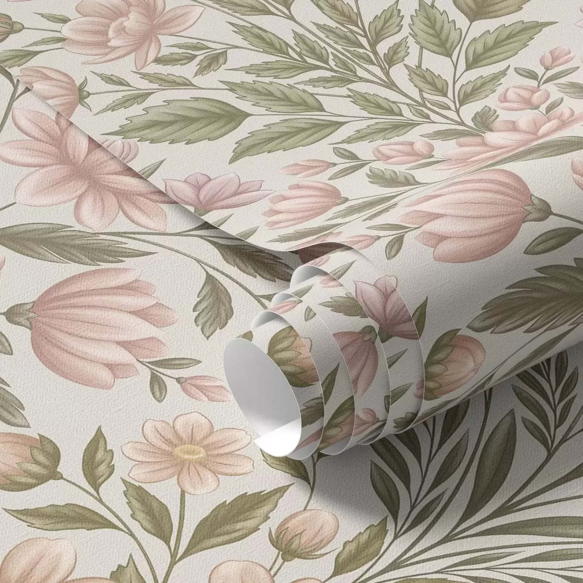 Bakgrund Mjukt rosa blommor och olivgröna blad mot en ljus bakgrund a01279v2