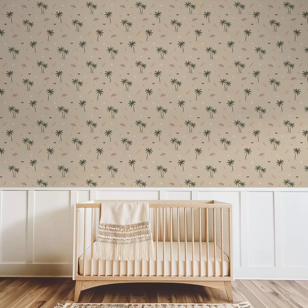 Bakgrund Tropiska palmer, fåglar och rosa parasoller mot en beige bakgrund a01280v2
