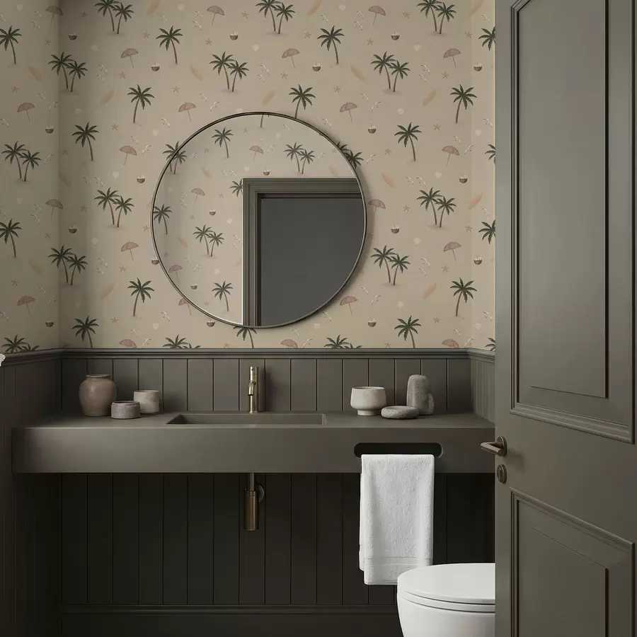 Fototapet Tropiska palmer, fåglar och rosa parasoller mot en beige bakgrund a01280v2