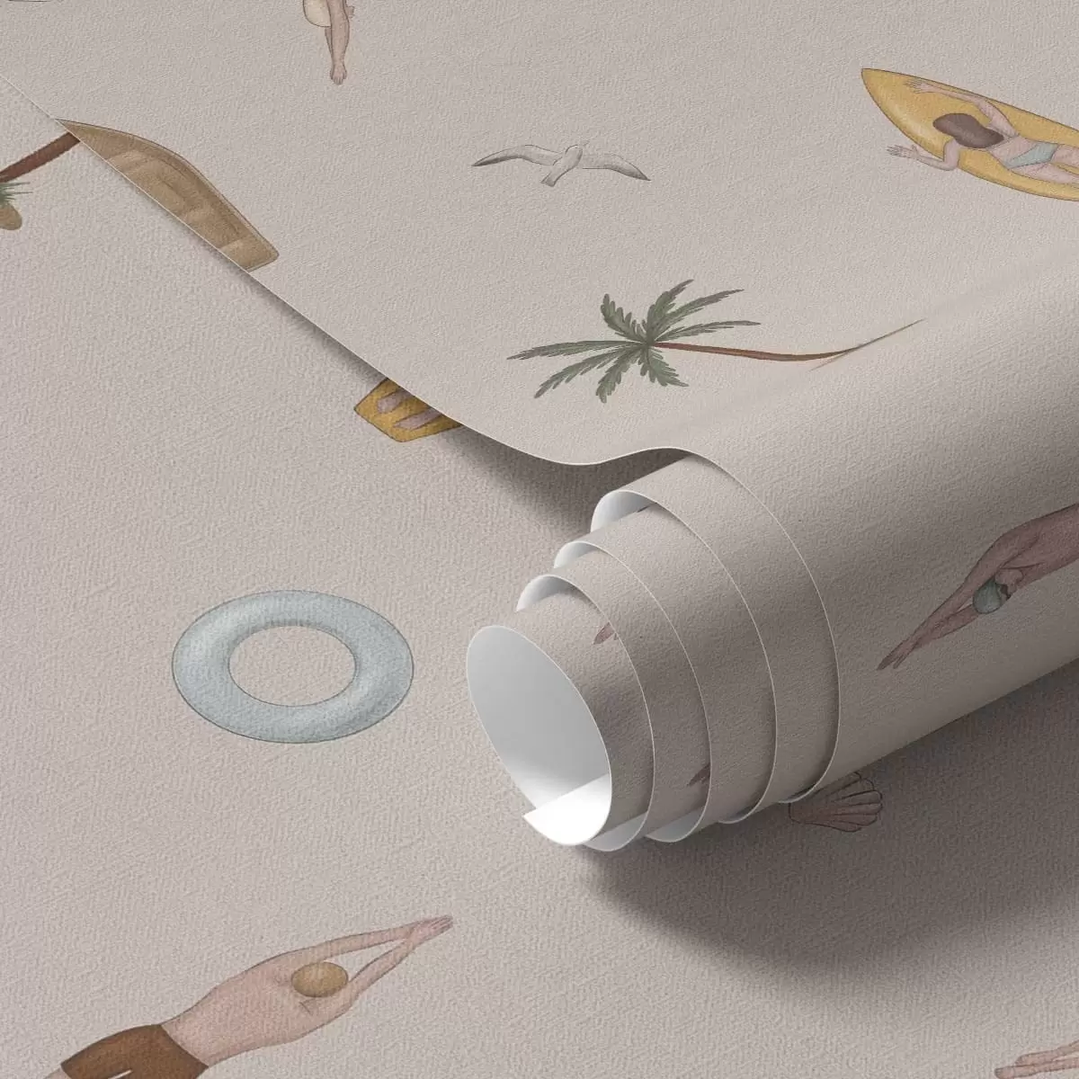 Bakgrund Simmare, delfin, palmträd och surfbräda mot en beige bakgrund a01275