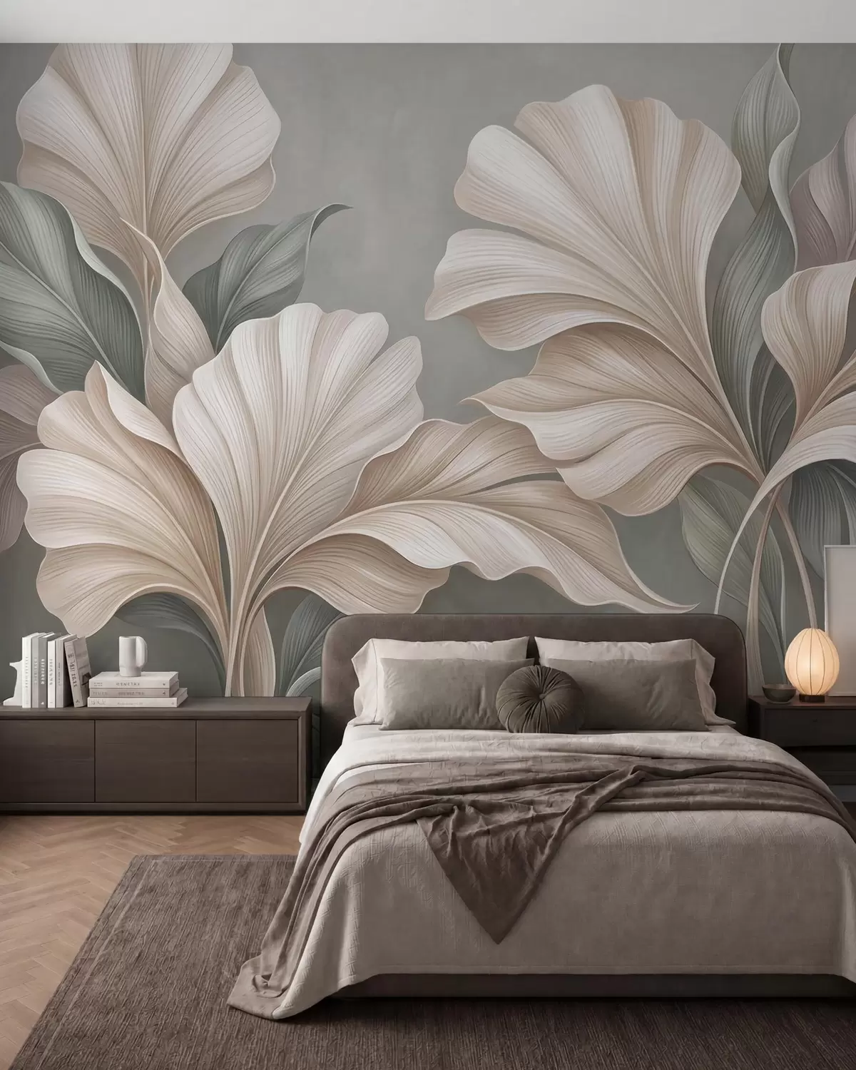 Fototapet Fina botaniska blad i naturliga beige- och salviagröna nyanser w10094