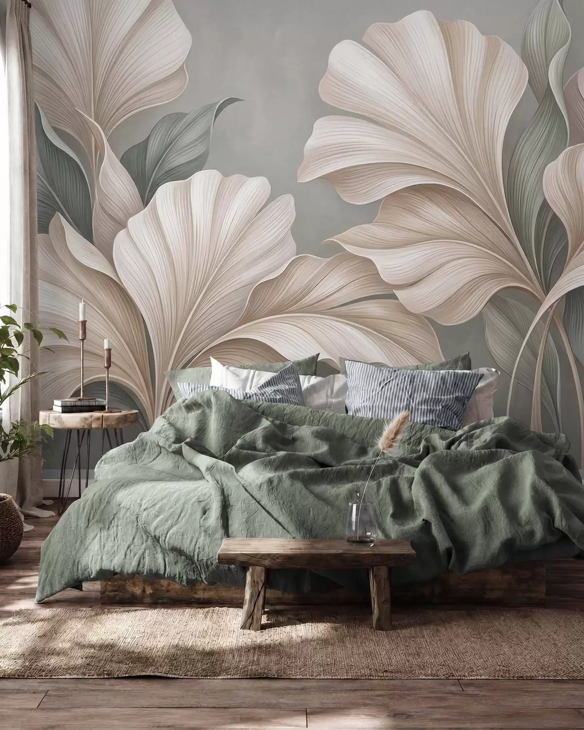 Fototapet Fina botaniska blad i naturliga beige- och salviagröna nyanser w10094