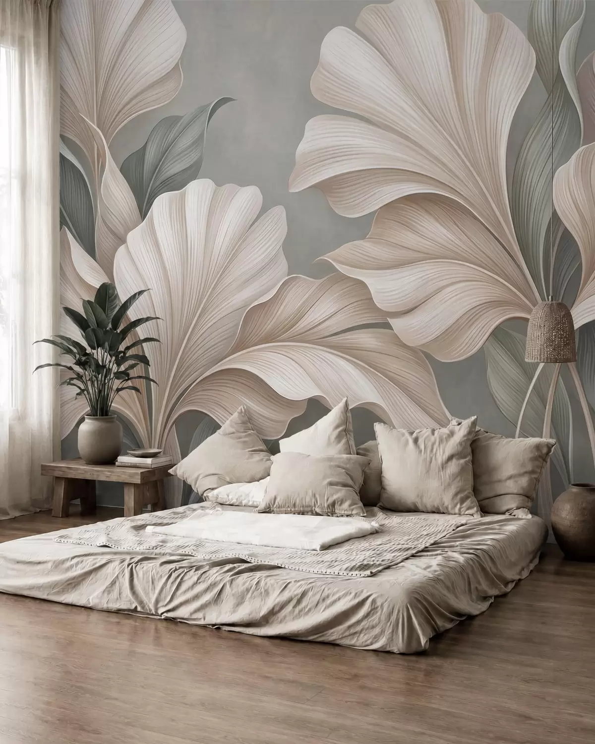 Fototapet Fina botaniska blad i naturliga beige- och salviagröna nyanser w10094