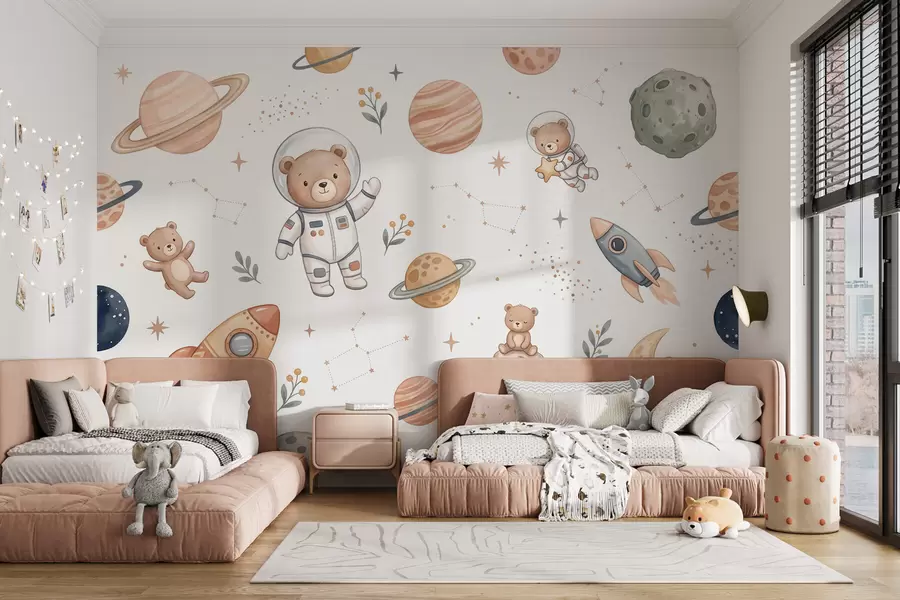 Fototapet Söta nallebjörnsastronauter bland planeter, raketer och stjärnor i en mjuk pastellfärgad akvarellstil w10096