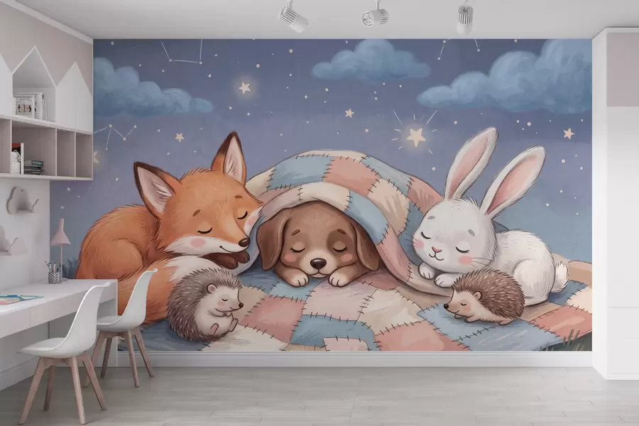 Fototapet Fantastiska skogsdjur som sover under en stjärnhimmel på en mysig lapptäcke i en charmig akvarellillustration w10098