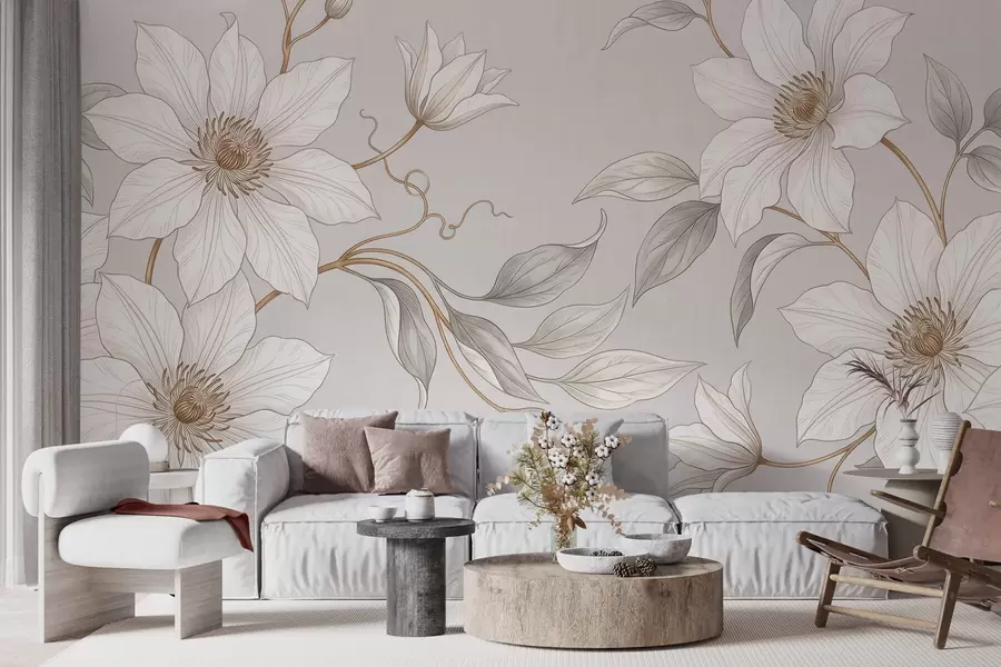 Fototapet Eleganta vita botaniska blommor med späda grenar w10099