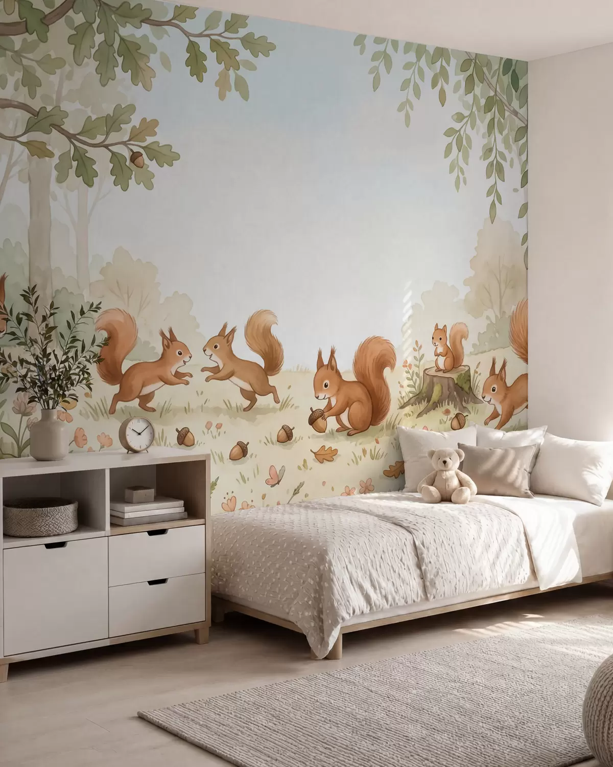 Fototapet En höstskog med fluffiga röda ekorrar, ekollon och ömtåliga vildblommor i akvarellstil w10102