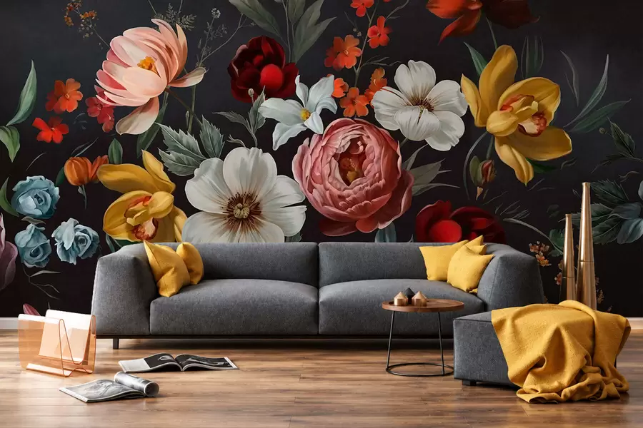 Fototapet Ett frodigt arrangemang av färgglada blommor mot en mörk bakgrund w05960