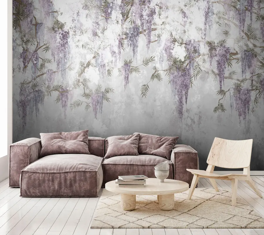 Fototapet Hängande trendiga grungegrenar med lila blommor u73816