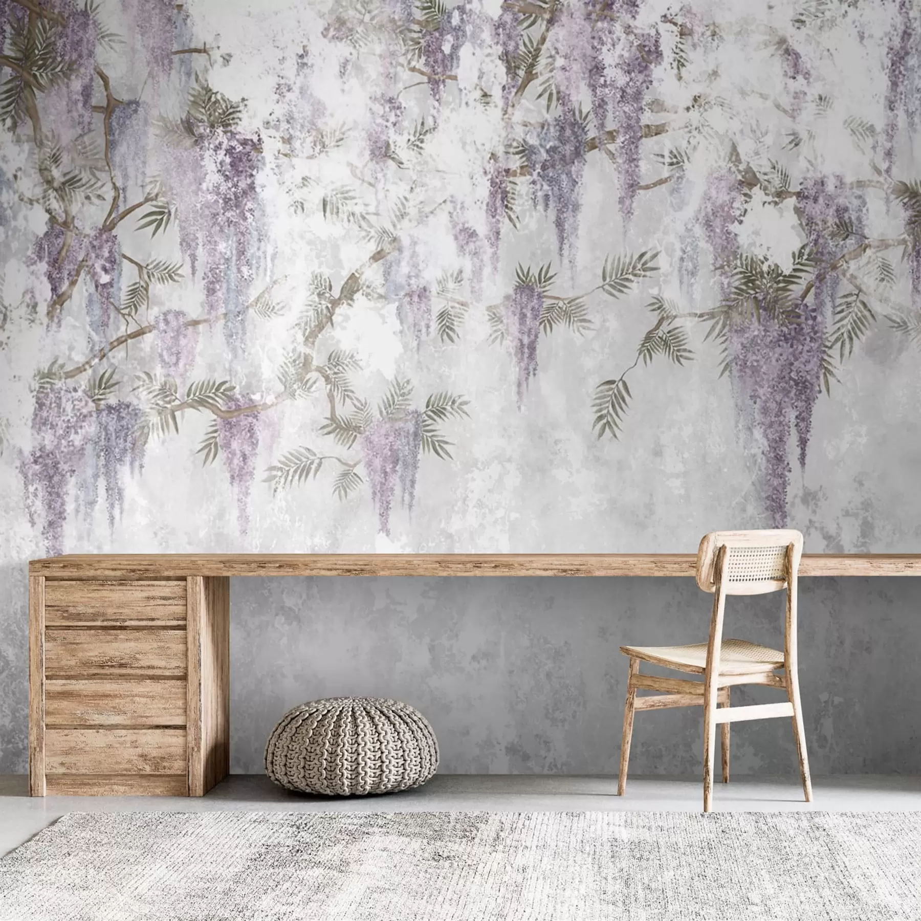 Fototapet Hängande trendiga grungegrenar med lila blommor u73816