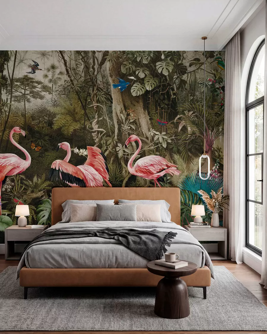 Fototapet Tropiska fåglar och flamingos i djungeln u73568