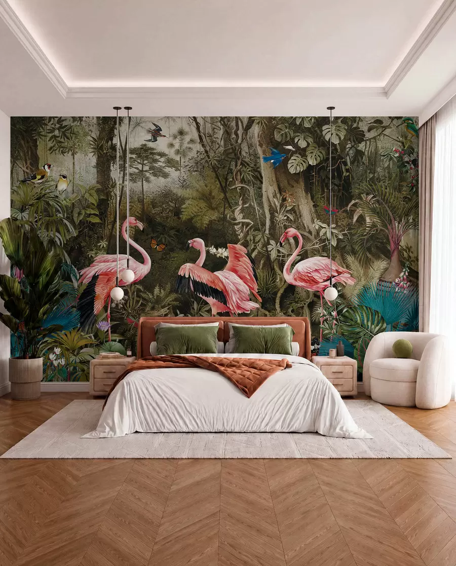 Fototapet Tropiska fåglar och flamingos i djungeln u73568