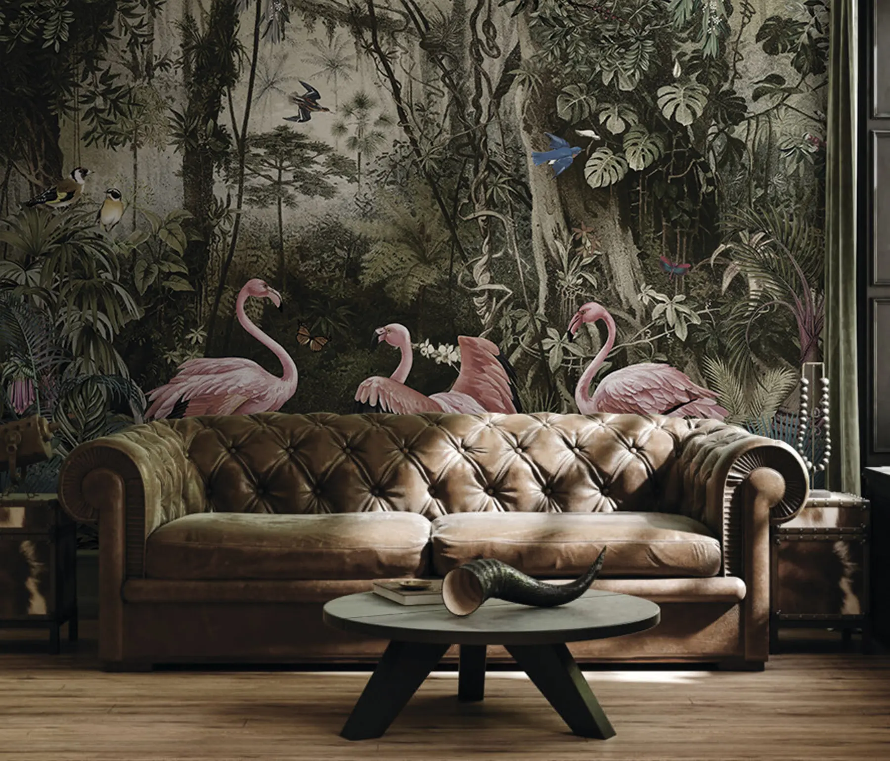 Fototapet Tropiska fåglar och flamingos i djungeln u73568