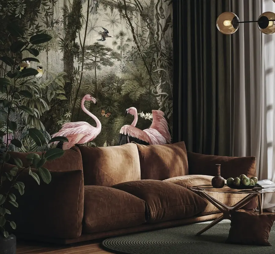 Fototapet Tropiska fåglar och flamingos i djungeln u73568