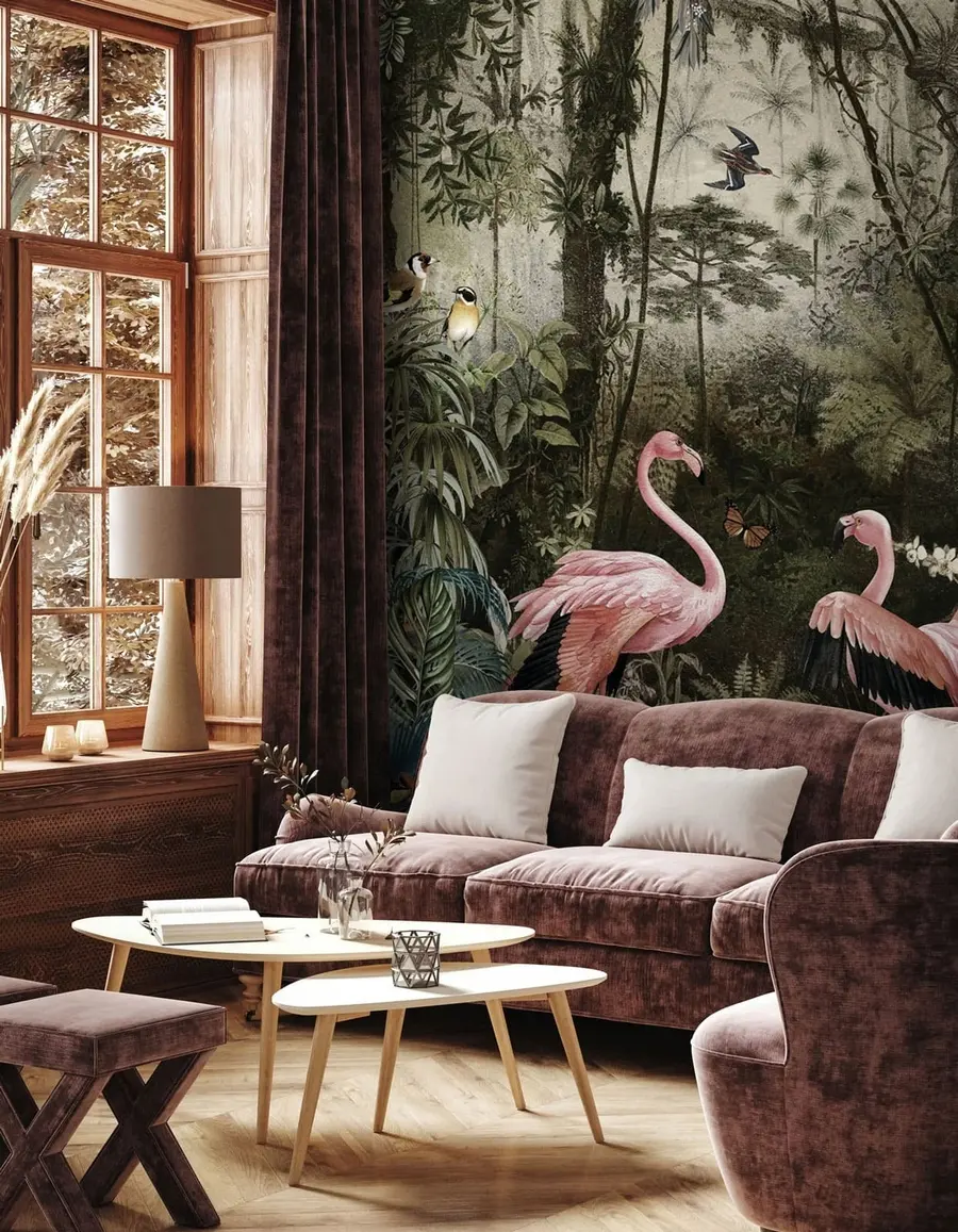 Fototapet Tropiska fåglar och flamingos i djungeln u73568