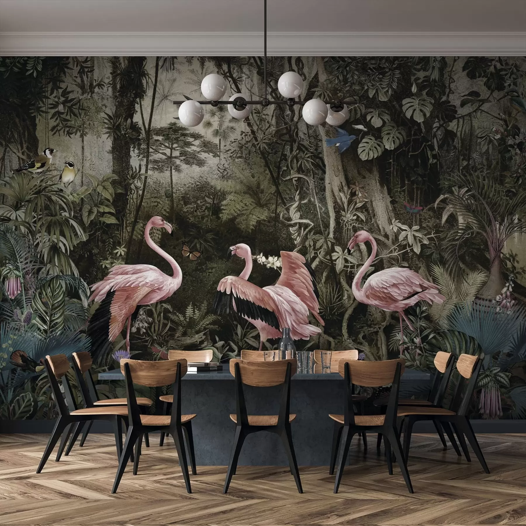 Fototapet Tropiska fåglar och flamingos i djungeln u73568
