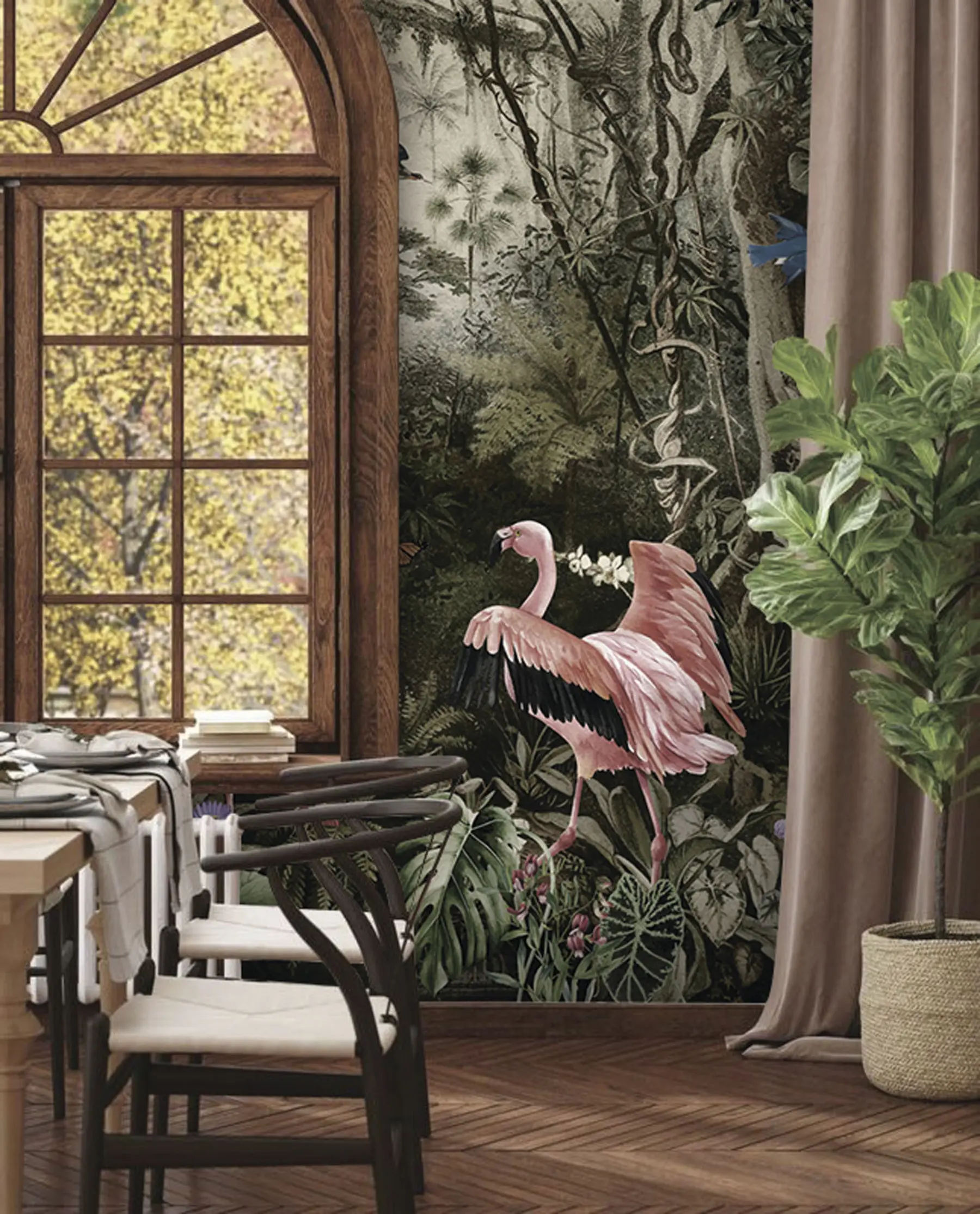 Fototapet Tropiska fåglar och flamingos i djungeln u73568
