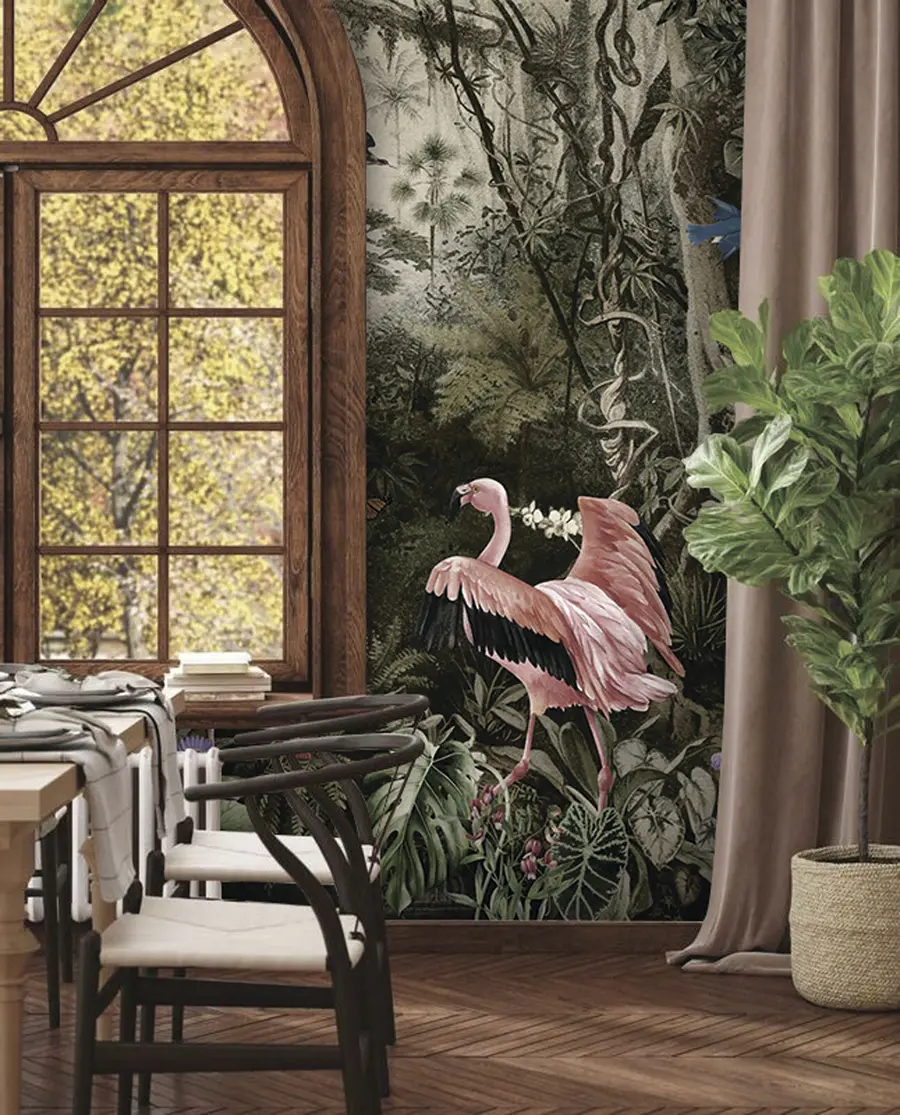 Fototapet Tropiska fåglar och flamingos i djungeln u73568