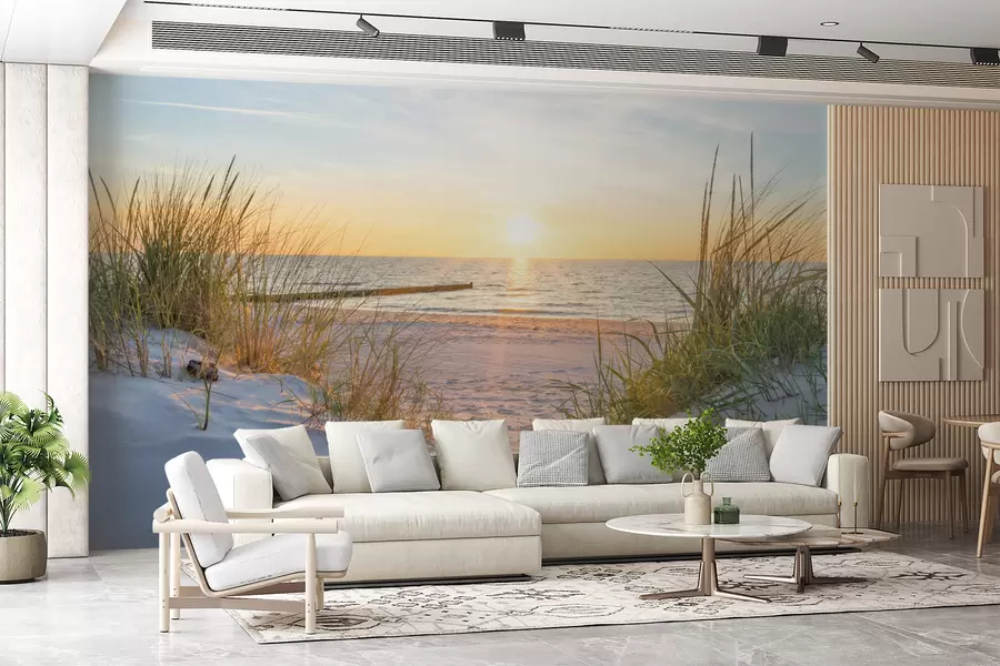 Fototapet Foto/Panoramastrand med sanddyner med solnedgång u93577
