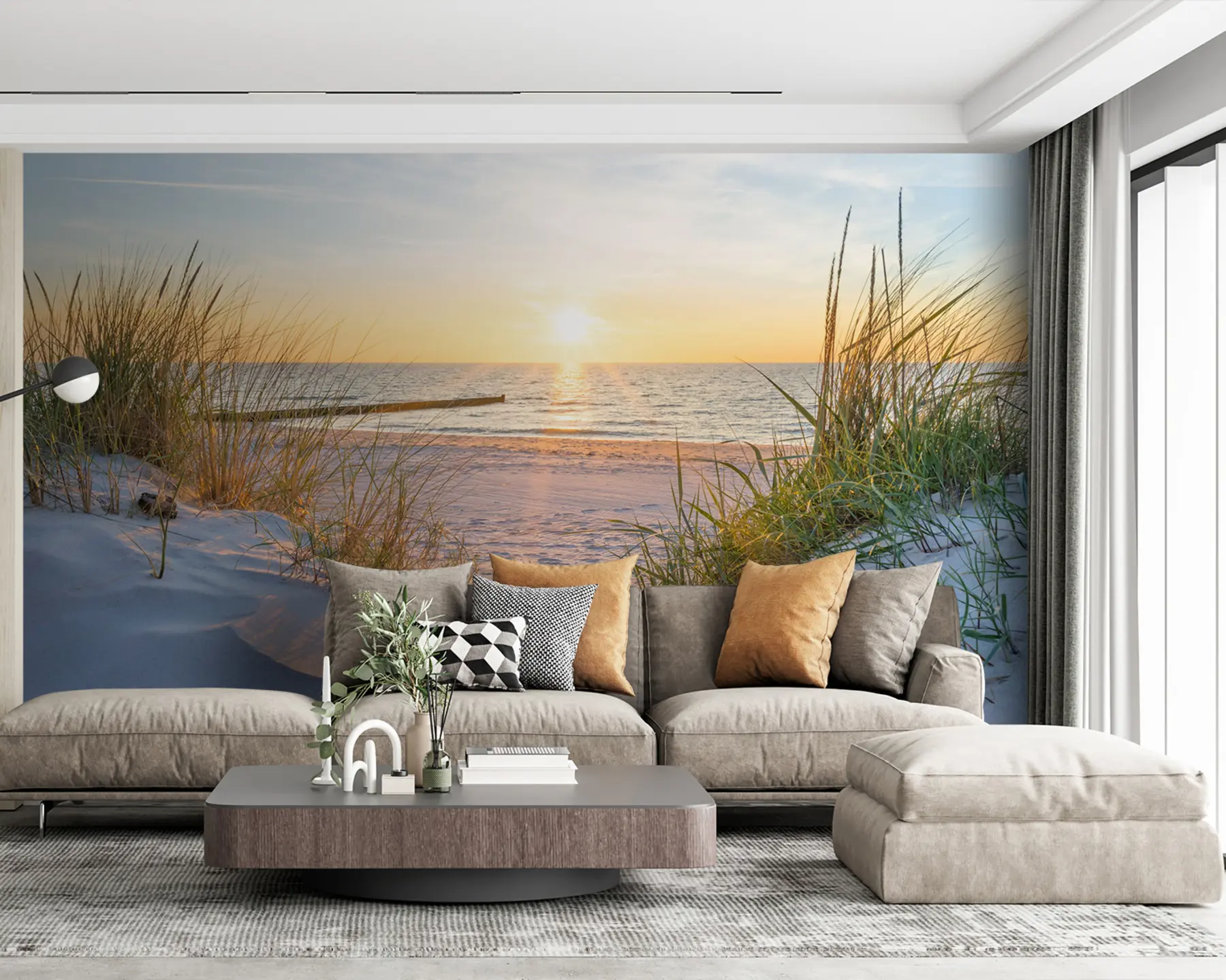 Fototapet Foto/Panoramastrand med sanddyner med solnedgång u93577