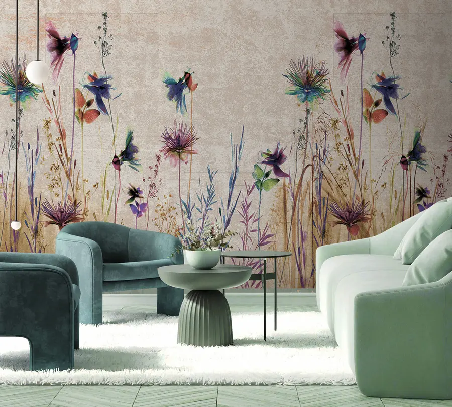 Fototapet Ovanliga höga blommor på en beige bakgrund u93672