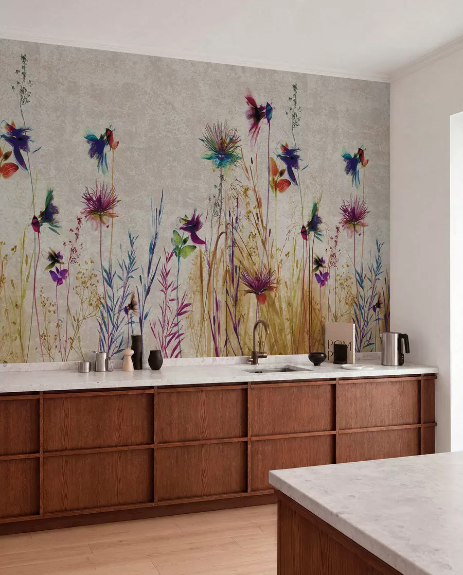 Fototapet Ovanliga höga blommor på en beige bakgrund u93672